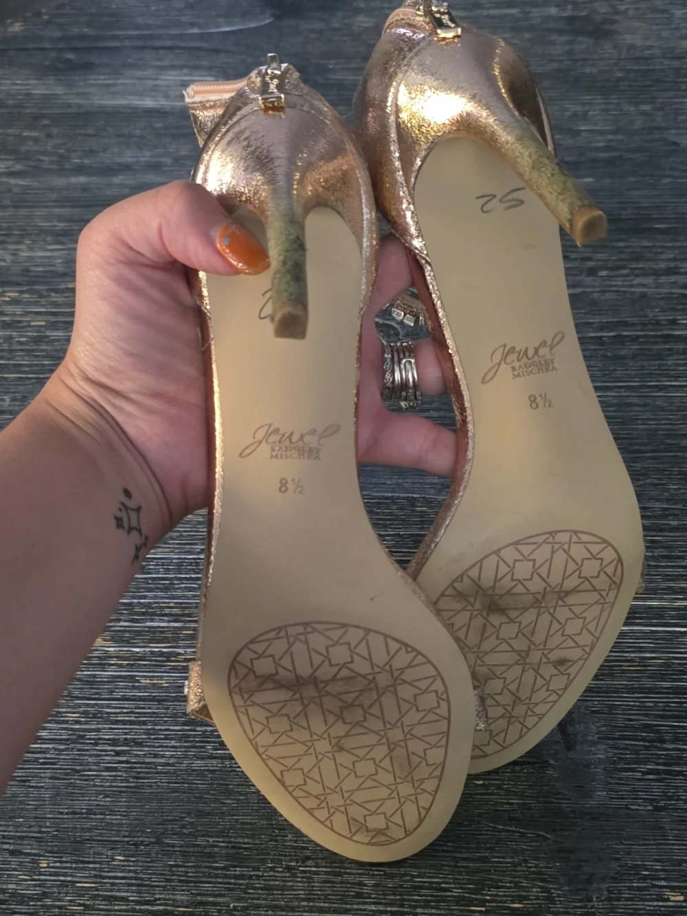 Jewel Badgley Mischka Rose Gold Embellished Ankle-Strap Sandals